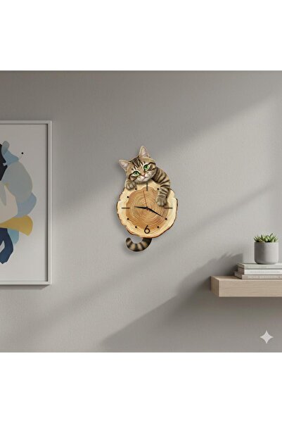 CajuArt Kütük Üzerinden Bakan Tekir Kedi Tasarımlı Duvar Saati Modern Dekoratif Saat