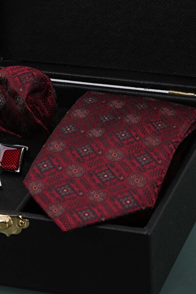 Kravatkolik Black Men's Gift Box - Tie with Handkerchief Cufflinks Tie Clip Kmk78