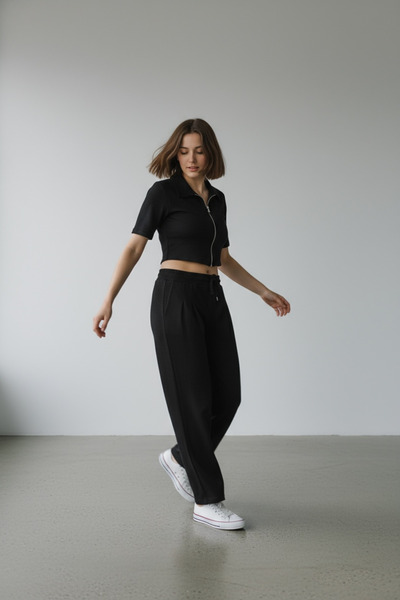 NEWCO Women's Zippered Crop Top & Elastic Waistband Comfortable Cut Two-Piece Set