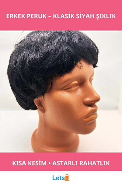 Letsii Μαύρο χρώμα, κοντό κούρεμα, ανδρική περούκα με εσωτερική επένδυση