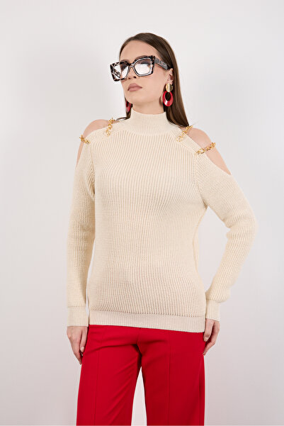 Moda Days Women's Ecru Chain Detailed Off-Shoulder Half Turtleneck Silvery Knit Sweater