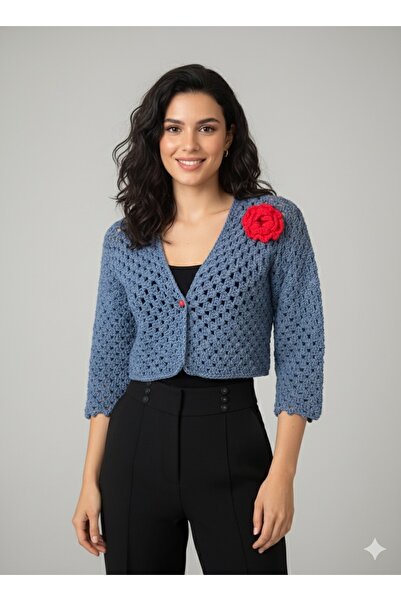 Talinhandmade 100% Cotton Handmade Crop Cardigan with Rose Applique, Fits Siz...