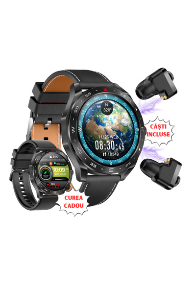 gitech 2-in-1 Smartwatch with Bluetooth TWS Earbuds, Calls, Notifications, 1.52" IPS, 400 mAh, Gift Strap
