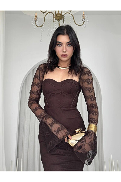 Afiş Butik Rochie lungă maro pentru femei, cu mâneci din tul din dantelă