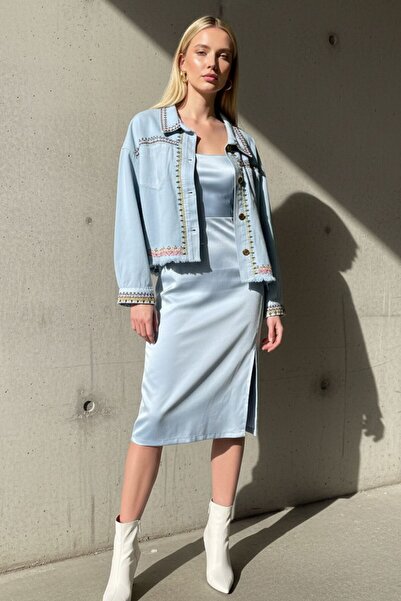 Kübra Tekstil Γυναικείο μπλε ανοιχτόχρωμο κεντημένο μακρυμάνικο μπουφάν με κουμπιά O oversized τζιν-τζιν - Γυναικείο μπουφάν