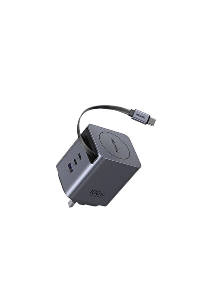 Ugreen Nexode Pro Wall Charger With Retractable Cable 2 USB-C and USB Ports 100W - Gray