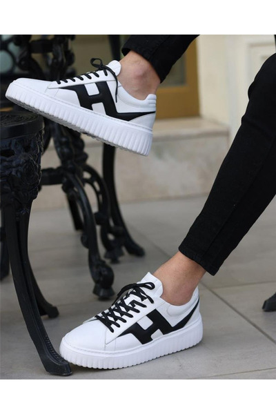 Ay Ayakkabım Sl-1019 Men's White-Black (39-44) Leather Casual Shoes