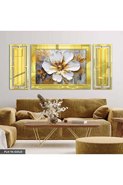 Evinemoda Beyaz Büyük Çiçek 3 Parça Gold Pleksi Aynalı Yan Dekorlu Tablo