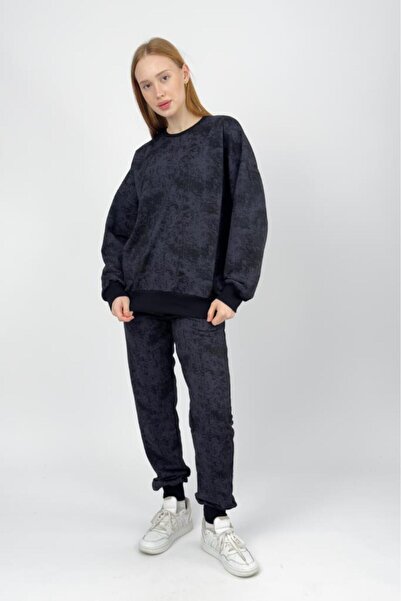 Betimoda Women's Cotton 2 Thread Elastic Waist Patterned Tracksuit Set Black