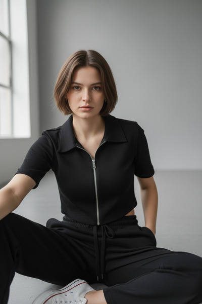 NEWCO Women's Zippered Crop Top & Elastic Waistband Comfortable Cut Two-Piece Set