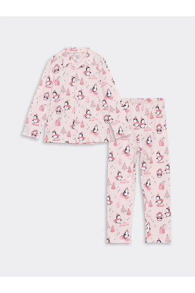 LC Waikiki Lcw Baby Pink Shirt Collar Printed Baby Girl Pajama Set