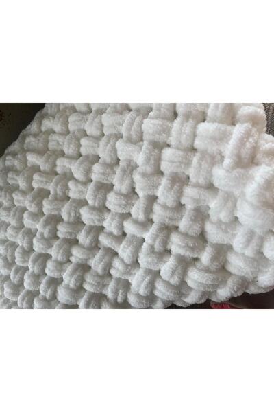 Dodemert Home Alize Puffy White Hand Knitted Baby Blanket 100 X 100 cm