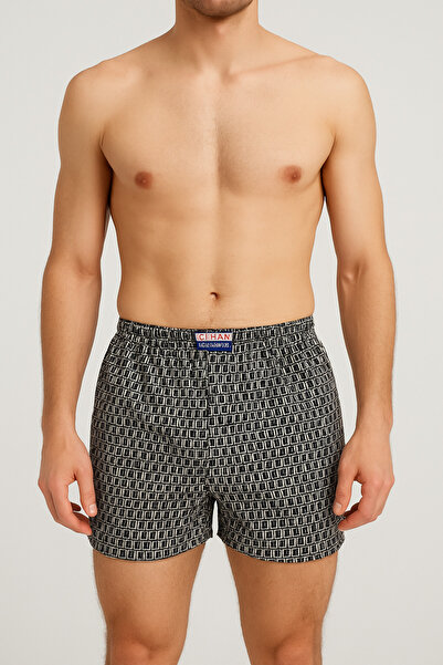 Çeşme Home Cihan Men's 100% Cotton Patterned Woven Boxer Shorts – Black and White