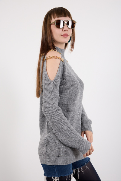 Moda Days Women's Gray Chain Detailed Off-Shoulder Half Turtleneck Silvery Knitwear Sweater