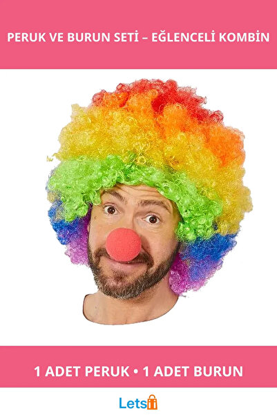 Letsii مجموعة شعر مستعار أفرو منقوشة بألوان قوس قزح ومجموعة أنف إسفنجية حمراء