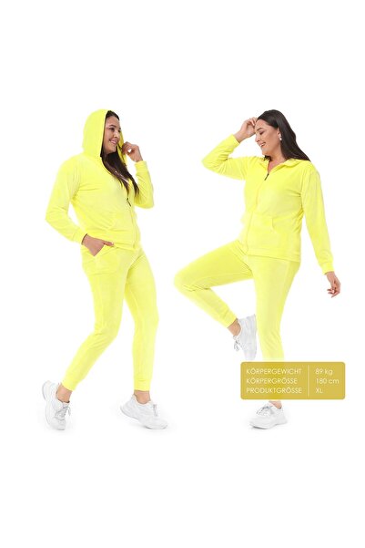 NOLIHOO Kadın Kadife Eşofman Takımı Kapüşonlu Fermuarlı Lastikli Paça Şık Rahat Model