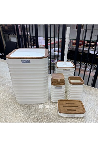DGCHOME Beyaz Ahşap Görünümlü 5 Parça Banyo Seti