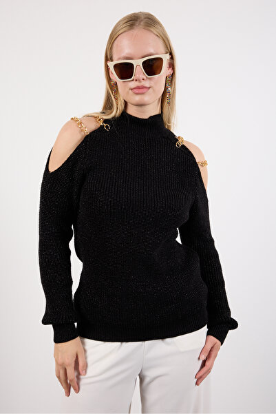 Moda Days Women's Black Chain Detailed Off-Shoulder Half Turtleneck Silvery Knitwear Sweater
