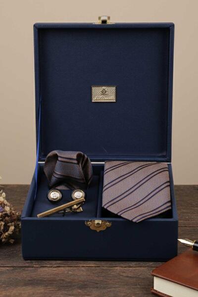 Kravatkolik Navy Blue Men's Gift Box - Tie with Handkerchief Cufflinks Tie Clip Kmk72