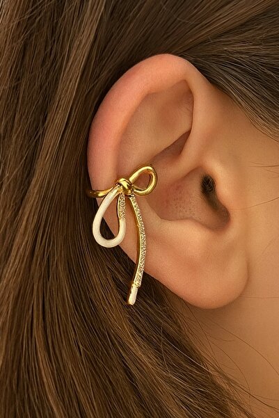 TAKIŞTIR Altın Renk Kurdele Figürlü Taş Detaylı 14K Altın Kaplama TX Ear Cuff...