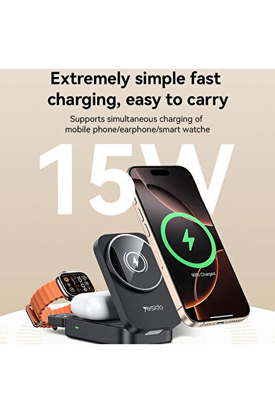 Yesido DS27 Foldable 3-in-1 Wireless Charging Station, 15W, Black
