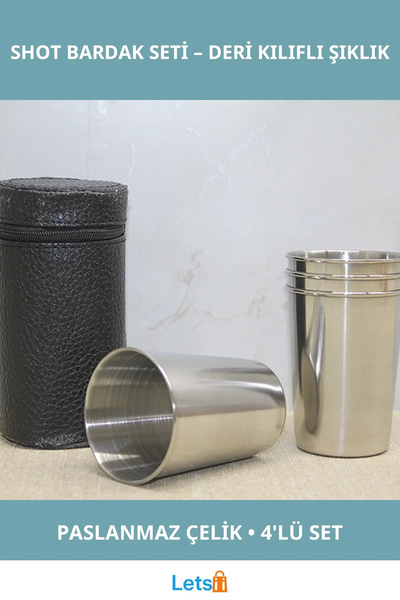 Letsii طقم أكواب شوت من الفولاذ المقاوم للصدأ المتين مكون من 4 قطع مع غطاء جلدي