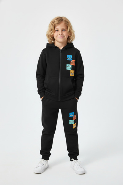 FYK KİDS Σετ αθλητικής φόρμας για αγόρια K με κουκούλα με λεπτομέρεια εκτύπωσης προσώπου με φερμουάρ, χειμερινό, χοντρό, με 3 κλωστές