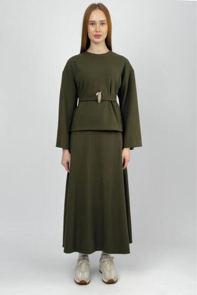 Betimoda Women's Corded Fabric Half Fisherman Belted Skirt Suit Khaki