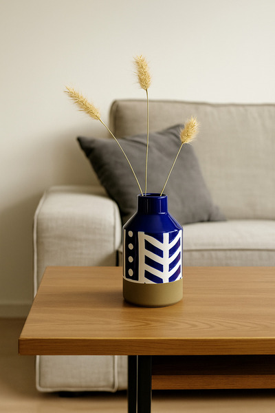 MARIA HOMES Dark Blue and White Ceramic Vase – Modern Geometric Decorative Piece
