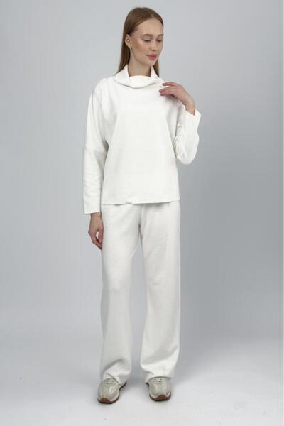 Betimoda Women's High Neck Knit Sweater Pants Set White