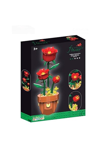 OEM Building Blocks Pot with Red Roses – 344 Pieces, Creative Flower Set, 29.5x12 cm