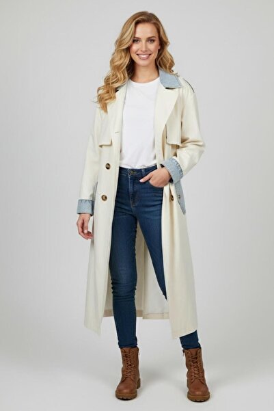 Manga Kadın Krem Denim Detaylı Uzun Trençkot M87077 Taş