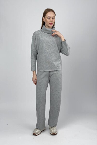 Betimoda Women's High-Necked Knitwear Sweater Pants Set Gray