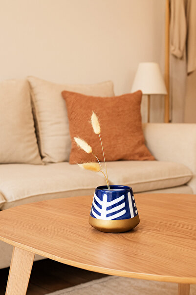 MARIA HOMES أصيص خزفي أزرق داكن وأبيض – أصيص زخرفي هندسي عصري