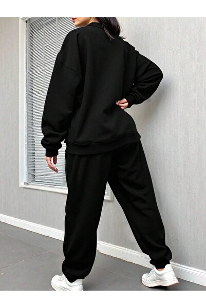 EVIus Crew Neck Milano Printed 100% Cotton Full Winter Inner Complete Fleece-Lined Oversized Tracksuit Set