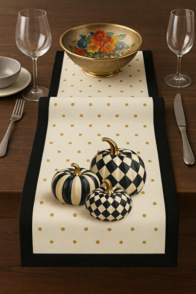 Mavi Masal Keten Görünümlü Balkabağı Desenli Şık Runner