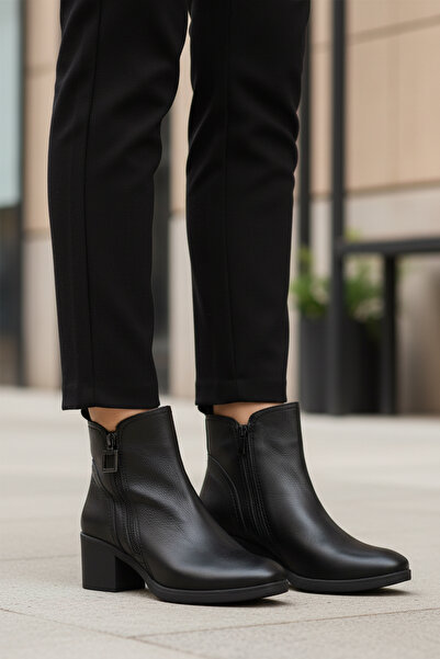 AYAKMOD حذاء نسائي أسود من الجلد الطبيعي بسحاب بريميوم 92163-1 Z