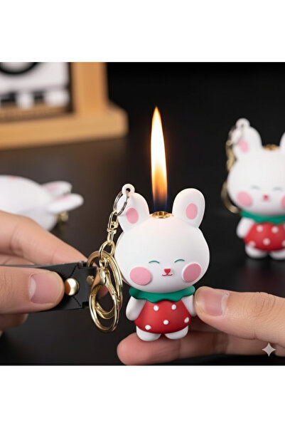 KdrElektronik Çilek Elbiseli Sevimli Tavşan Figürlü Gazlı Çakmak - Anahtarlık Aksesuar Kawaii Tavşan Karakter