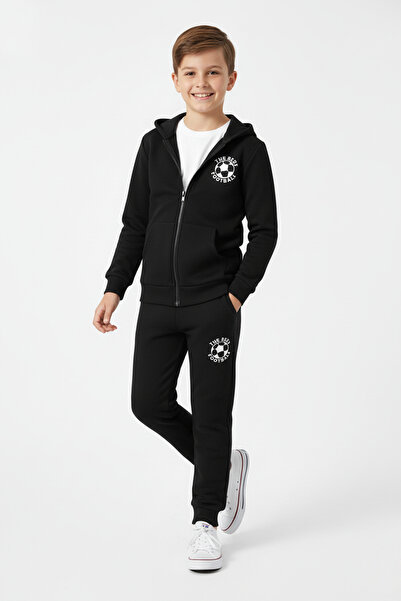FYK KİDS Σετ αθλητικής φόρμας για αγόρια K με κουκούλα με λεπτομέρεια εκτύπωσης χειμερινού ποδοσφαίρου με φερμουάρ με 3 νήματα