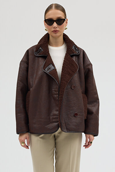 Jaglion Else Pb Brown Women's Oversized Leather Jacket Coat