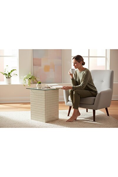 Aurelya El Yapımı Beyaz Mozaik Kaplamalı Cam Üst Sehpa – Modern & Şık Yan Sehpa Tasarımı (26x45)