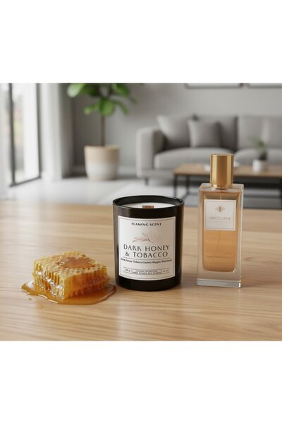 OEM Scented Soy Candle, Flaming Scent, Dark Honey & Tobacco, handmade, wooden wick, 165 g