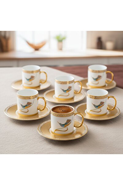 FAIR HOME Starling White Gold Color Bird Figured Porcelain Coffee Cup Set for 6 People - 90 Ml.