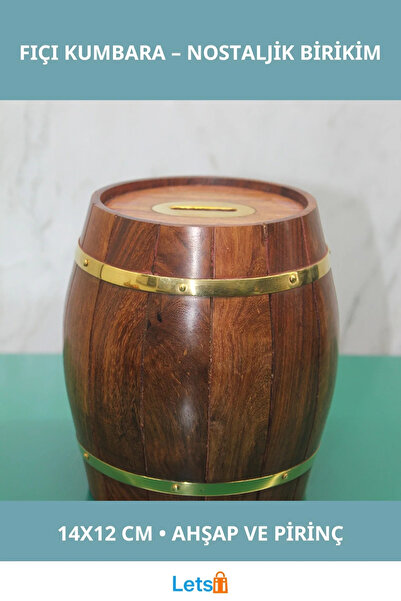 Letsii Natural Wooden Brass Detailed Decorative Barrel Piggy Bank 14X12 cm
