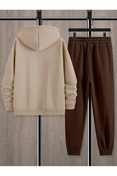 EVIus Hooded Logo Printed 100% Cotton Full Winter Complete Fleece-Lined Oversized Tracksuit Set