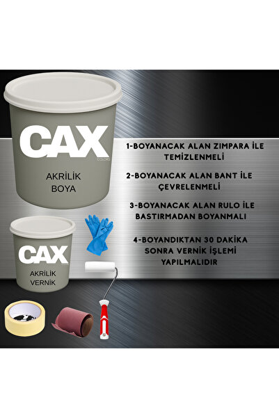 caxcolors AKRİLİK DEMİR - METAL BOYASI 1 LİTRE + 500 ML AKRİLİK VERNİK + BANT + RULO FIRÇA + ZIMPARA + ELDİVEN