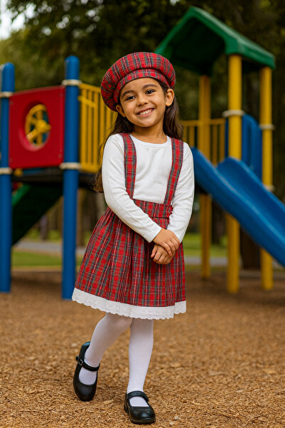 Atabay Kids Atabay 291-10-25 Girl's Red Plaid Dress and Beret Set – Suspender...