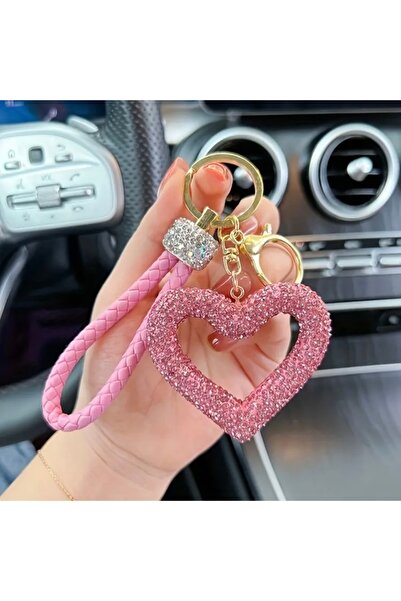 Accessories Hei Pink Heart-Shaped Glitter Charm Detailed Daily Use Women's Accessory Keychain
