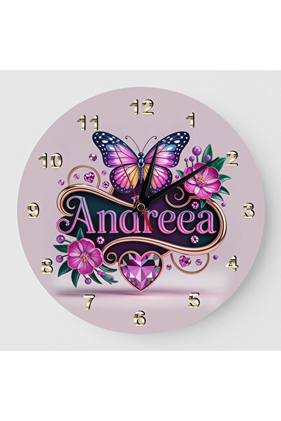 No Label Andreea Personalized Name Clock – Purple Butterfly and Crystal Heart