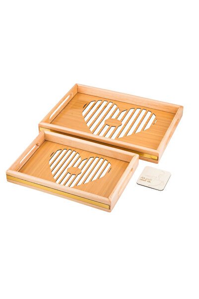 Dania A set of wooden trays and bowls with metal handles and a beautifully engraved glass-covered base.